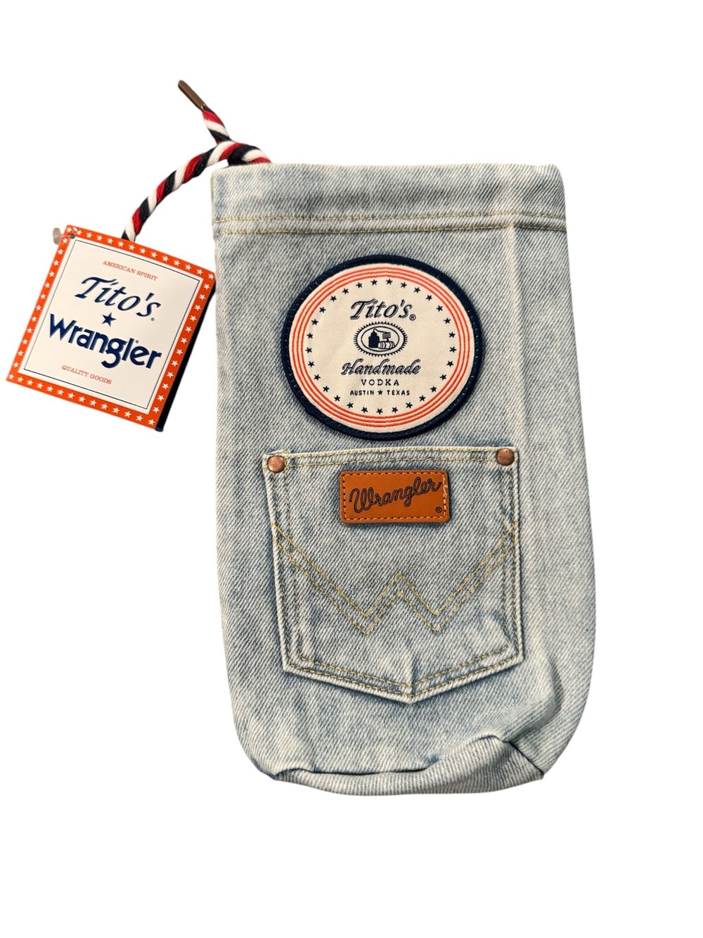 New Tito’s Handmade Vodka Wrangler Denim Drawstring Bottle Bag Promotional Gift
